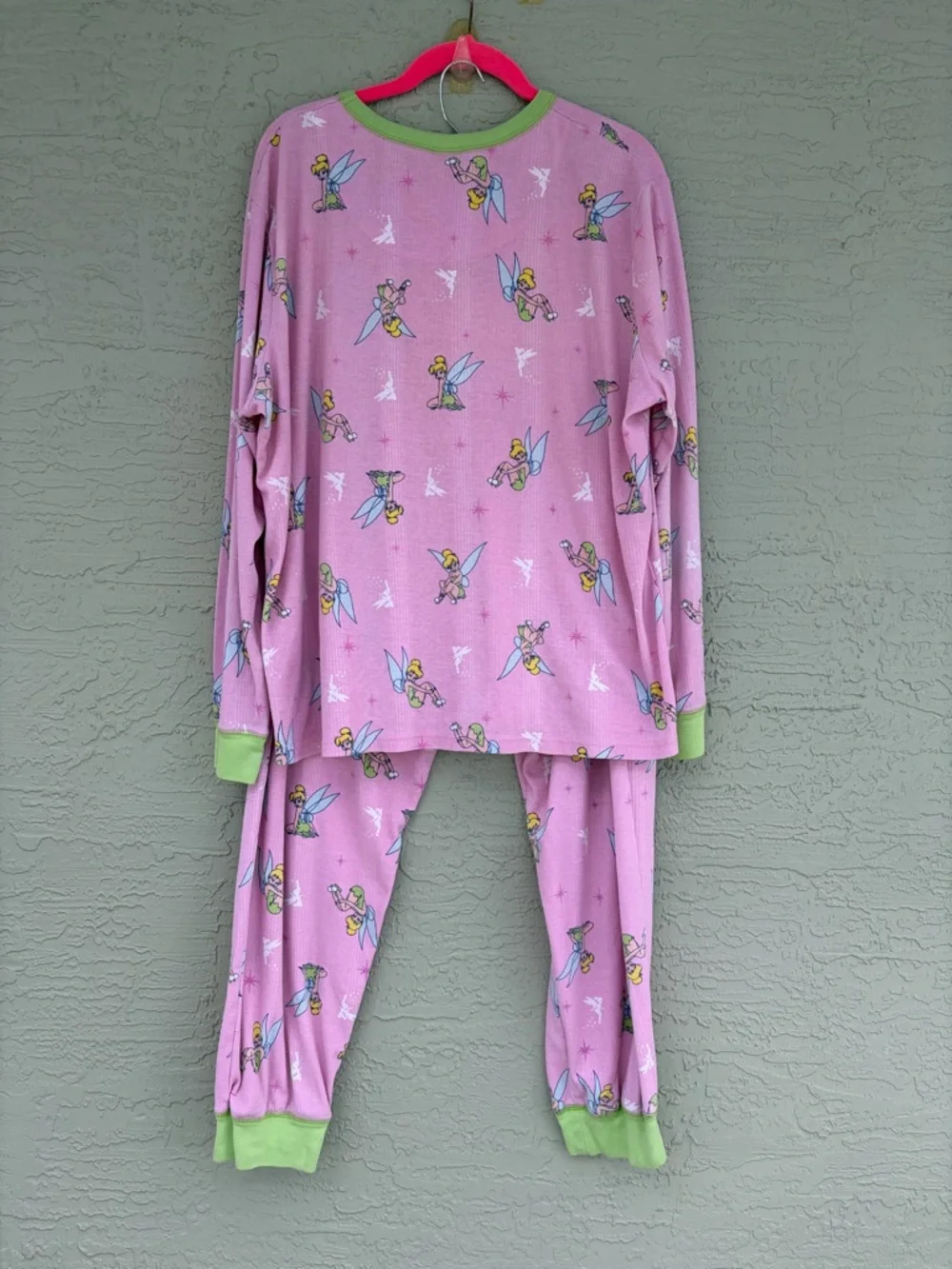 Disney Pink Fairy Print Pajama Set with Green Trim - Picture 1 of 9